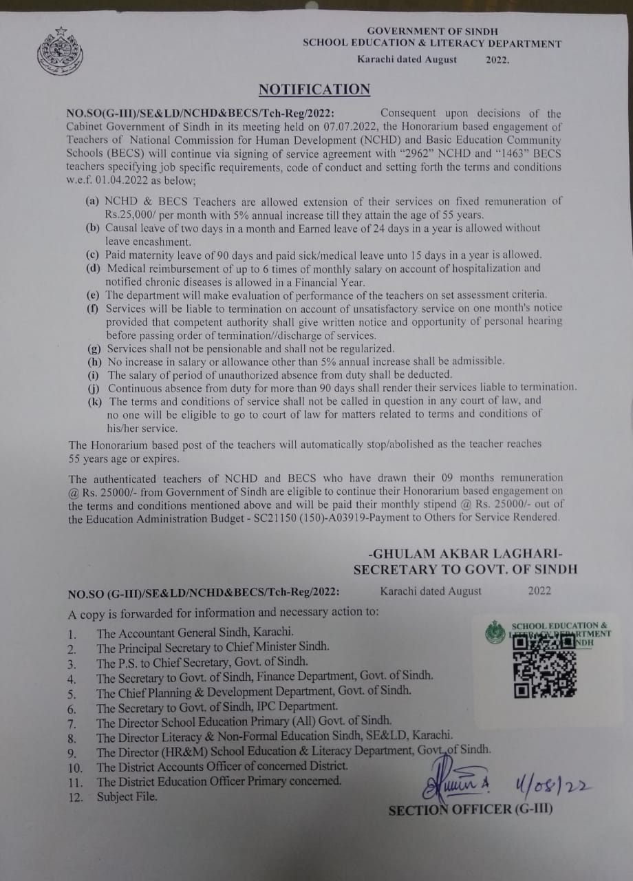 Notification Extension Honorarium Teachers NCHD and BECS Sindh