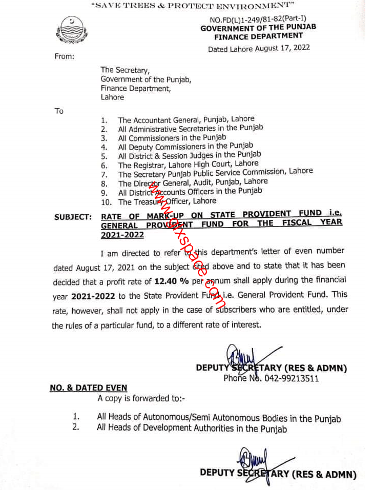 GP Fund Interest Rates 2022 Punjab Province