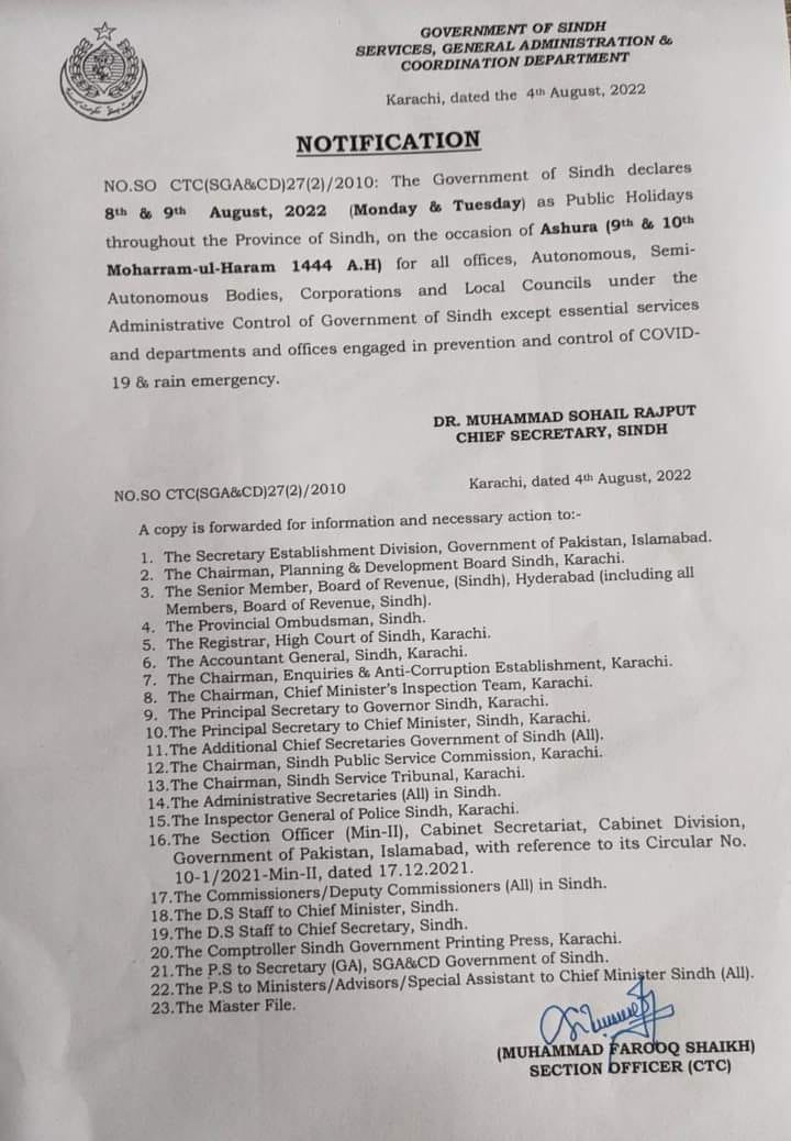 Notification Moharram-ul-Haram Holidays 2022 Sindh