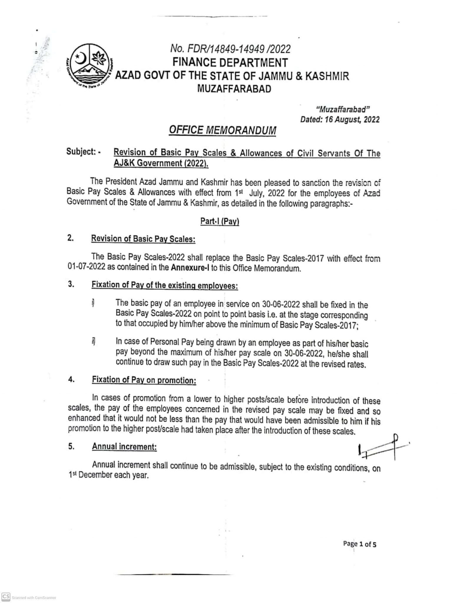 Notification Revised Basic Pay Scales 2022 AJK