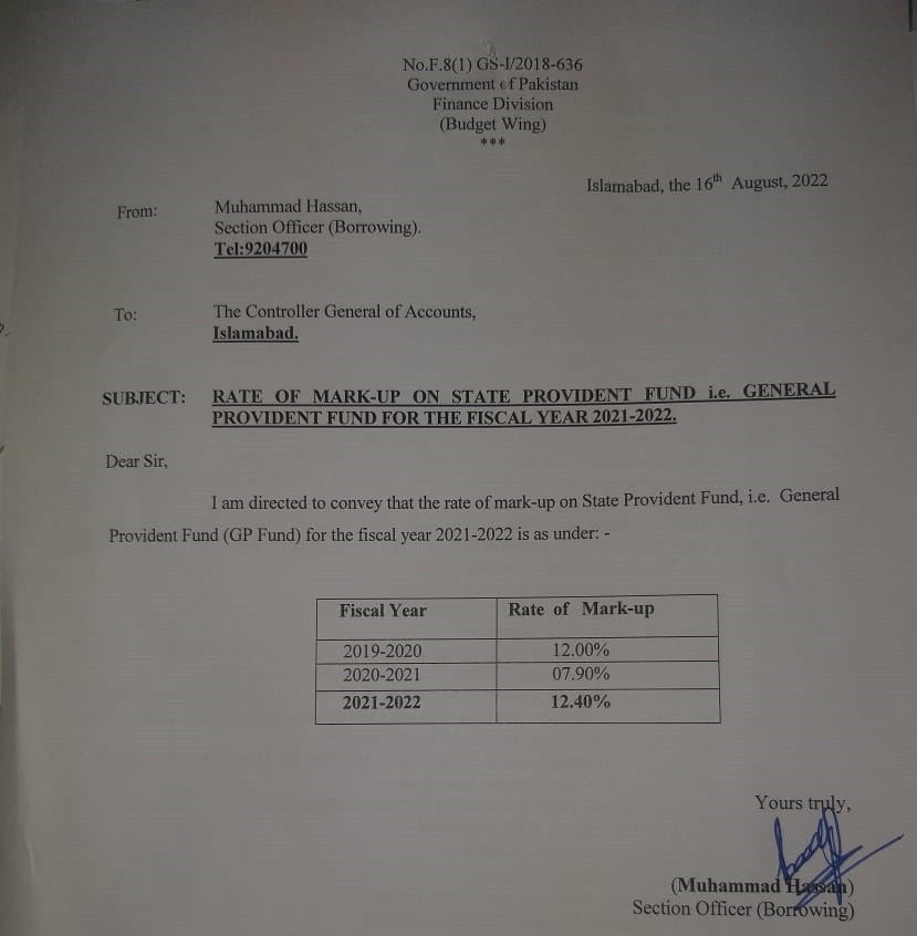 Notification Revised GP Fund Interest Rates 2021-22 Federal