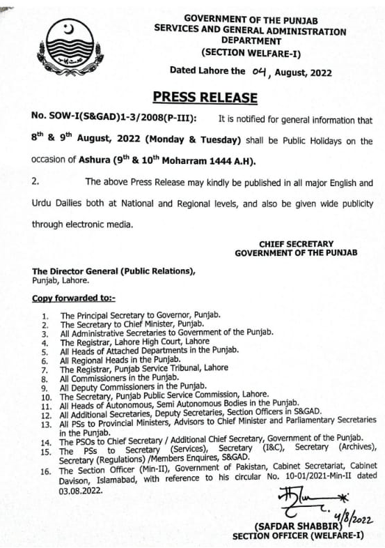 Notification of 9th and 10th Moharram Holidays 2022 Punjab