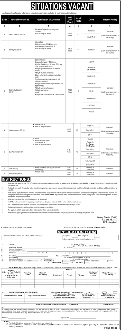 The Latest ECP Government Jobs Aug 2022 (DEO, Assistants and Steno and Class IV)