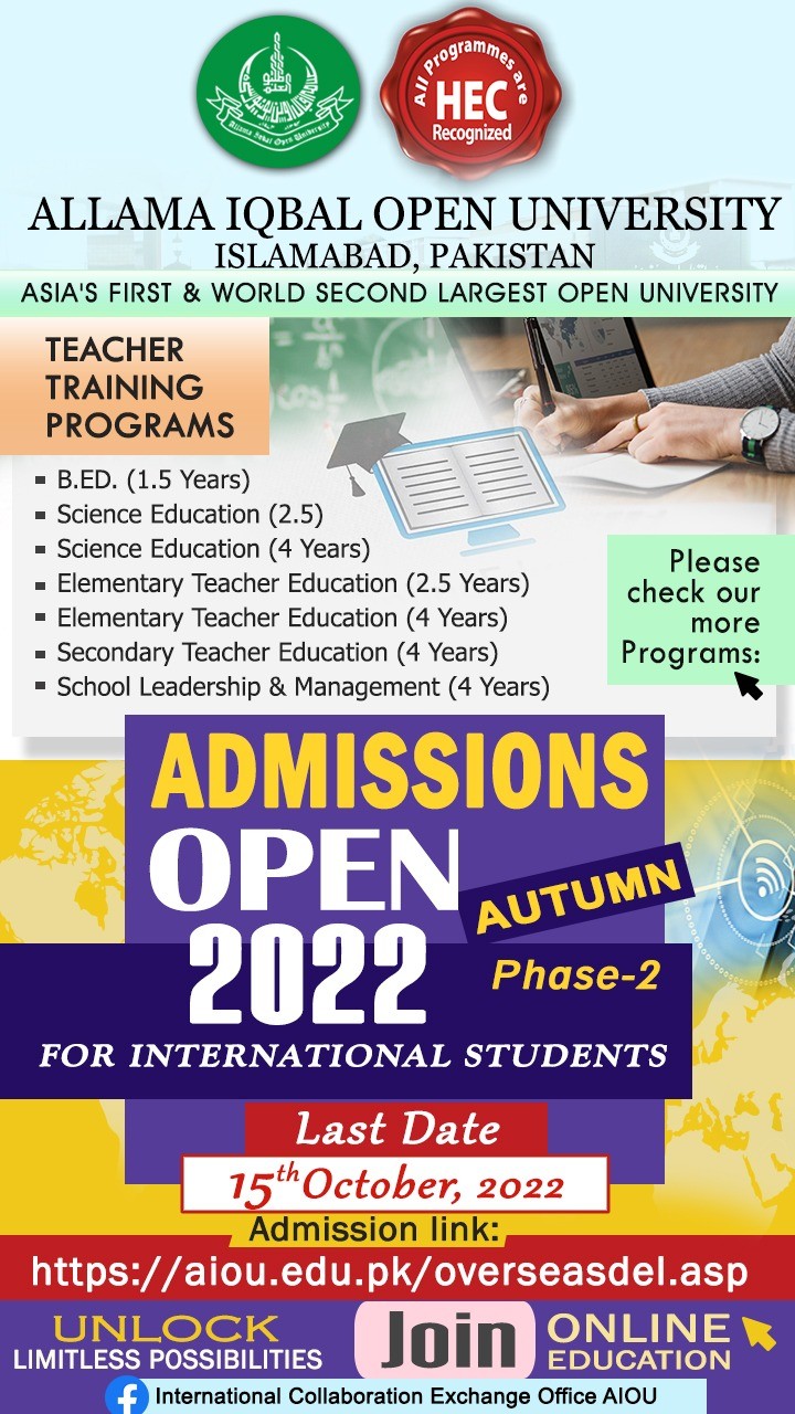 AIOU Admission Open Autumn Phase-II for International Students