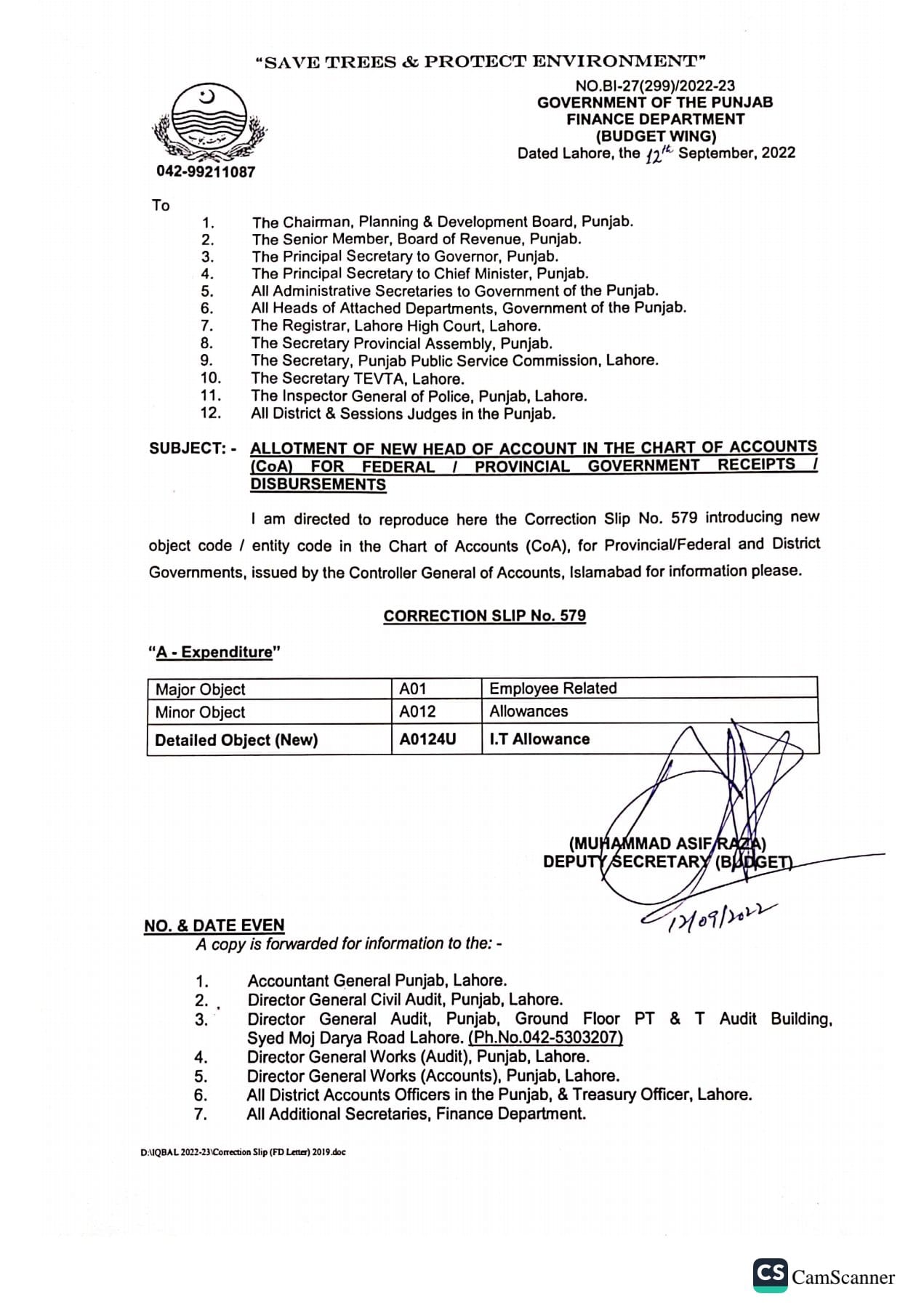 Allotment of New Head of Account I.T Allowance Correction Slip No. 579