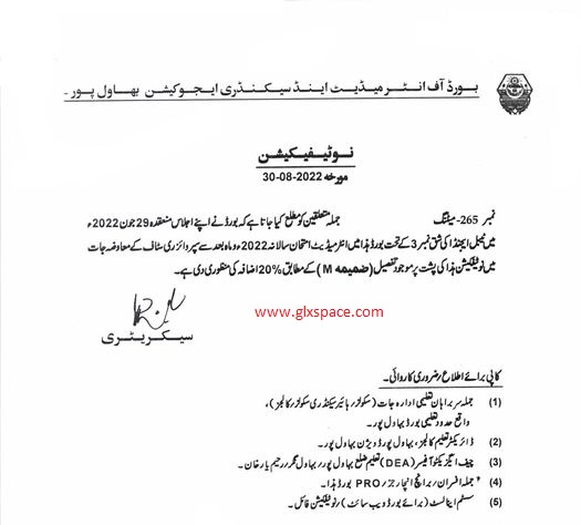 Increase Rates 20% Duties Examination Staff wef Annual Exams 2022 BISE Bahawalpur