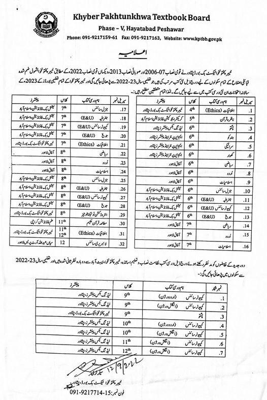 New Approved Books 2022-23 KPK Class 4th to 12th