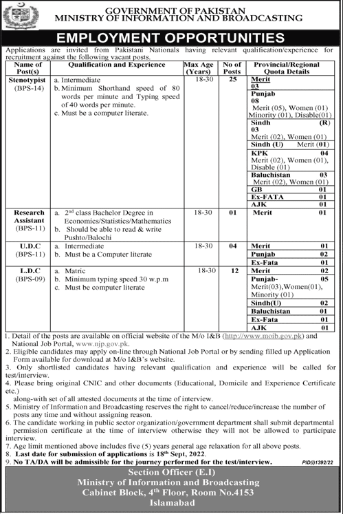 MINISTRY OF INFORMATION & BROADCASTING JOBS SEPTEMBER 2022