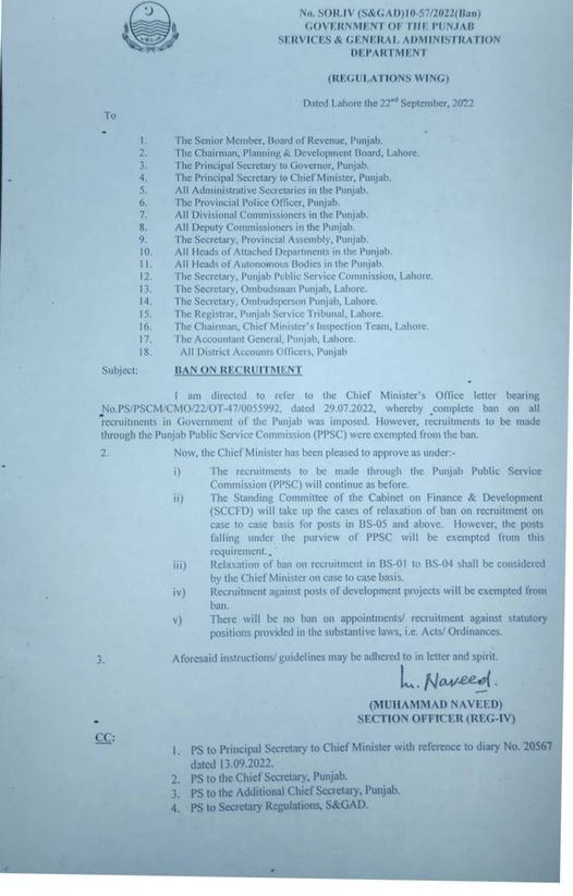 Notification of Lifting of Ban on recruitment in Punjab