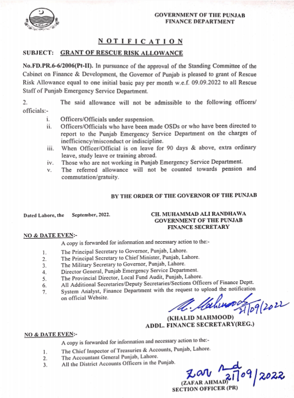 Rescue Risk Allowance 2022 Punjab Equal to One Basic Pay