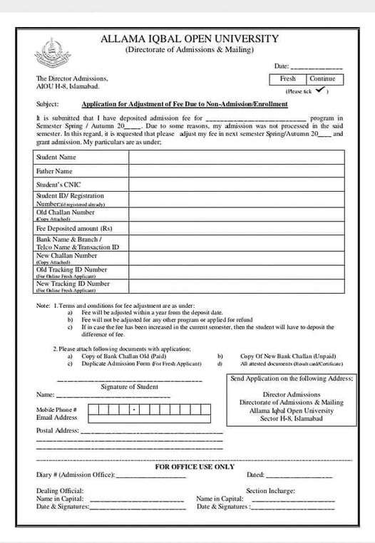 Application for Adjustment of Fee Due to Non-Admission/Enrolment AIOU