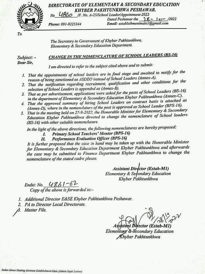 Change in Nomenclature of School Leaders, KPK School Education Department