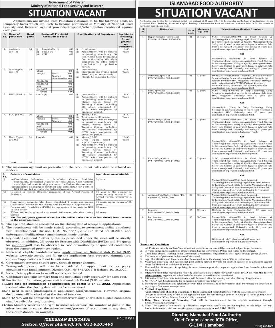 Latest Government Jobs October 2022 in Food Authority Islamabad