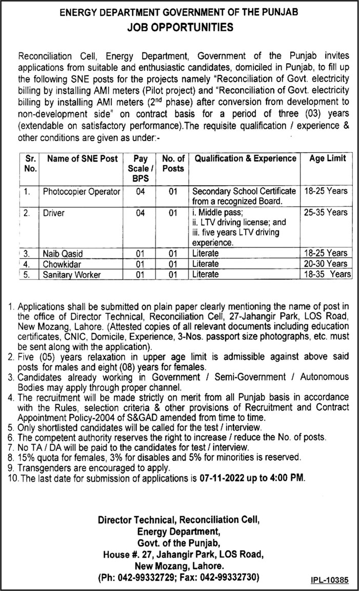 Latest Vacancies in Energy Department Govt of Punjab