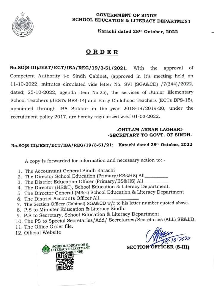 Notification Regularization of JESTs and ECTs wef 1st March 2022 Sindh