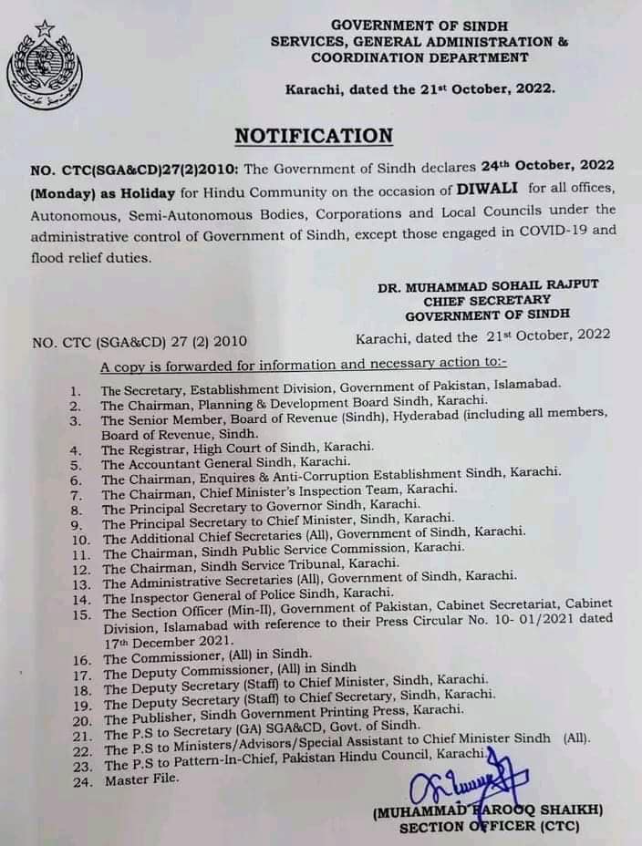 Notification of Holidays on 24th Oct 2022 (Monday) in Sindh for Hindu Community on Diwali