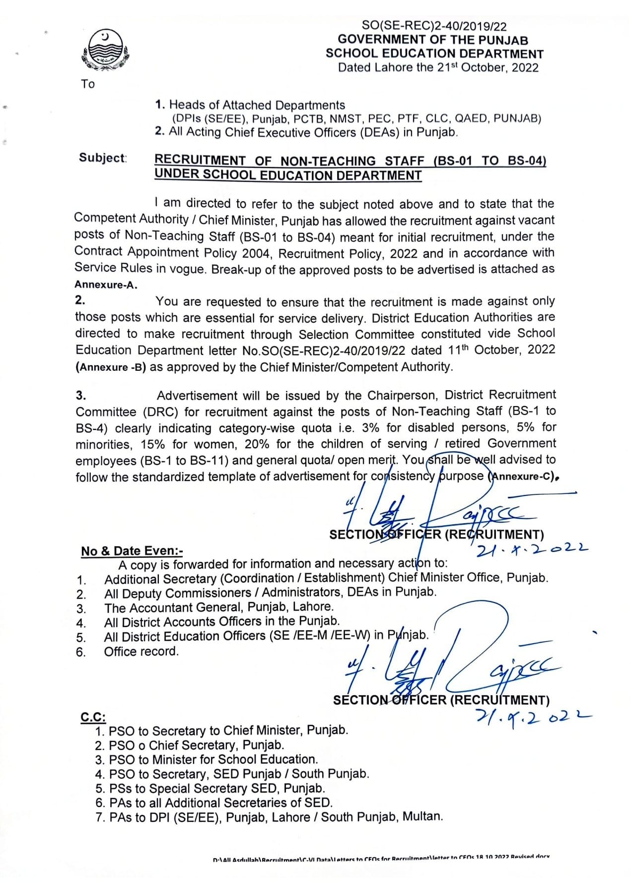 Notification of Recruitment Class IV in Punjab 2022