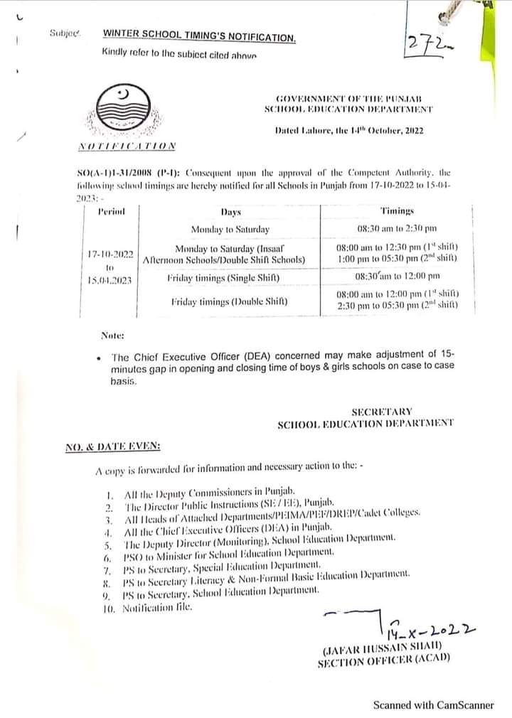 Notification of Winter School Timings 2022 Punjab