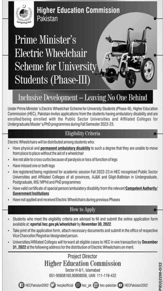 PM Electric Wheel Chair Program Phase-III By HEC