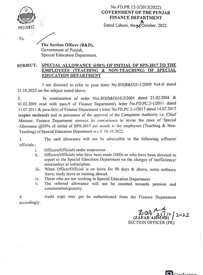 Special Allowance @ 50% of Initial Basic Pay to Teaching and Non-teaching Employees of Special Education Department