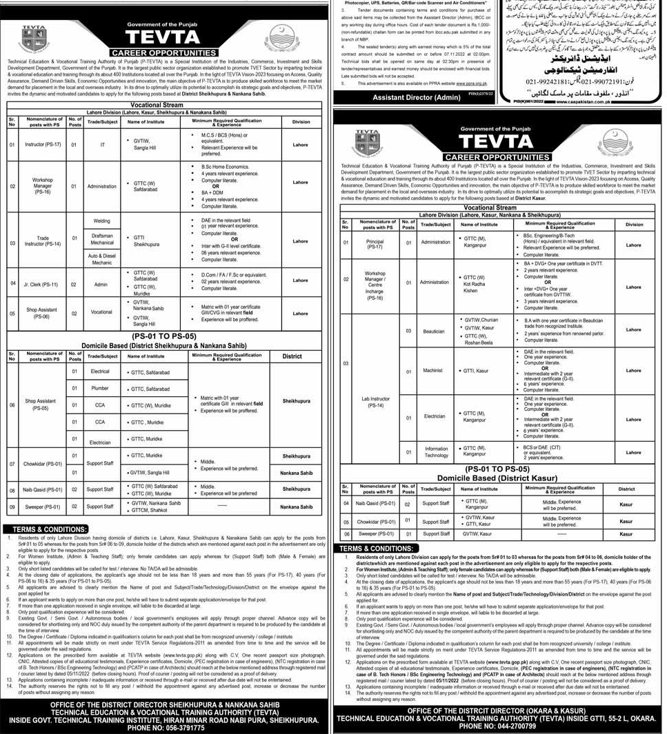 TEVTA Jobs 2022 BPS-01 to BPS-17