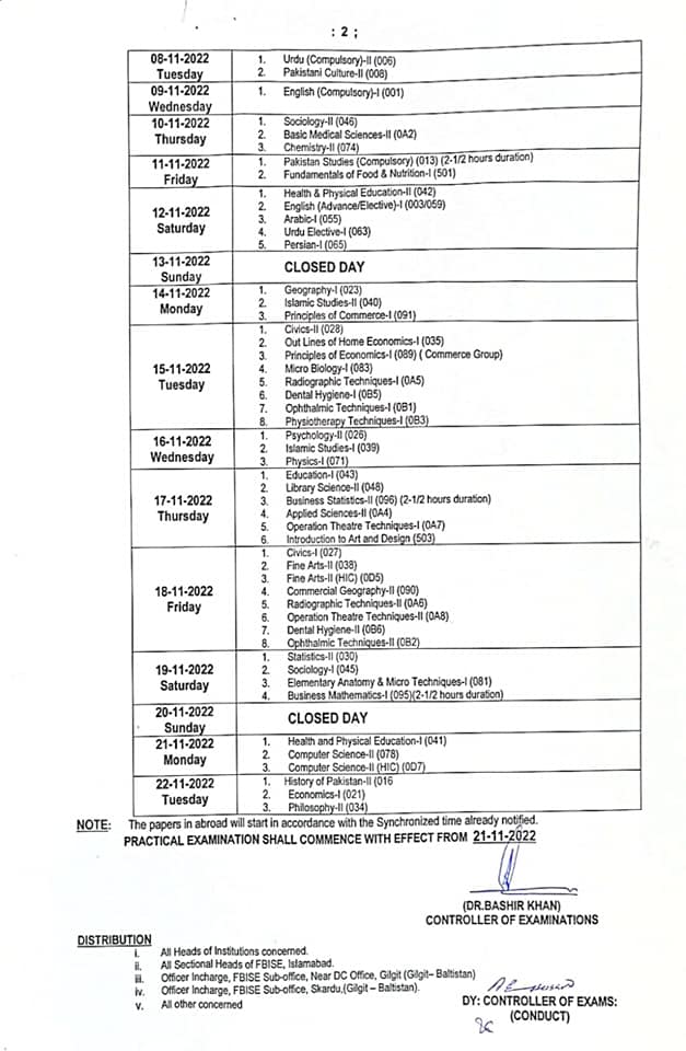 Date Sheet HSSC 2nd Annual Examinations 2022 FBISE