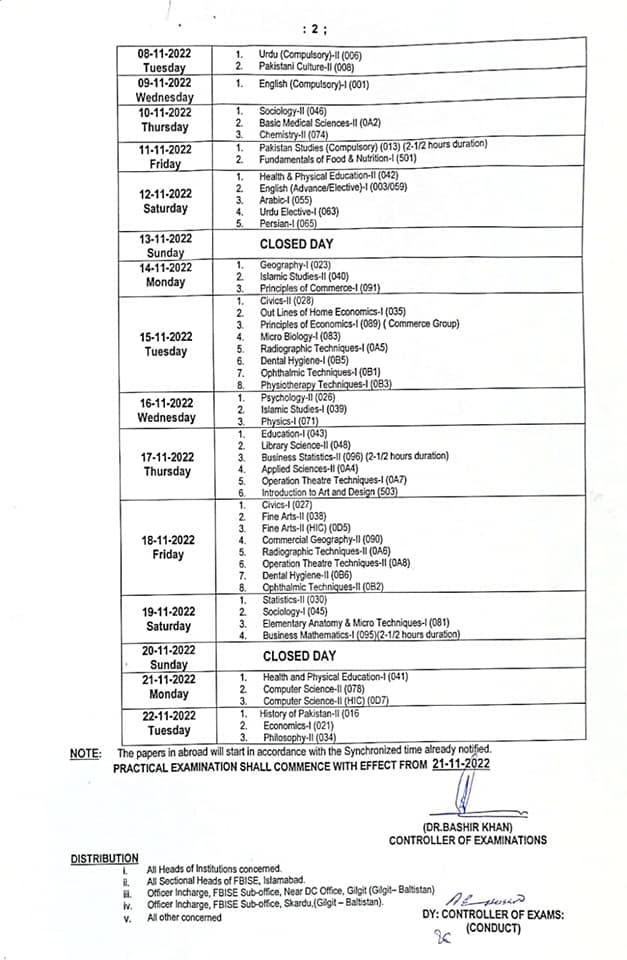 Federal Board date Sheet HSSC 2nd Annual 2022