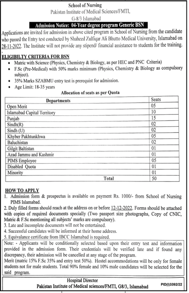 Admissions Open Generic BSN 4 Years Degree Program School of Nursing Islamabad