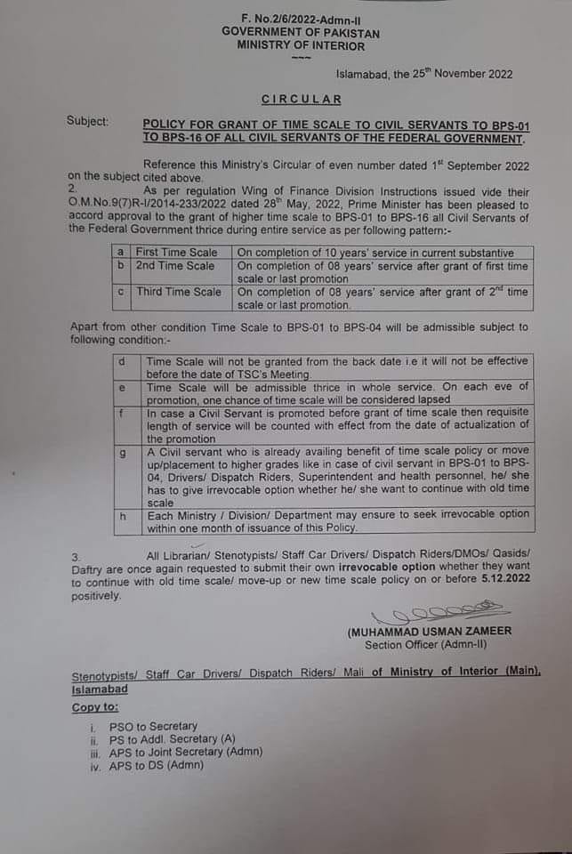 Approval of Time Scale Policy Federal Employees BPS-01 to BPS-16
