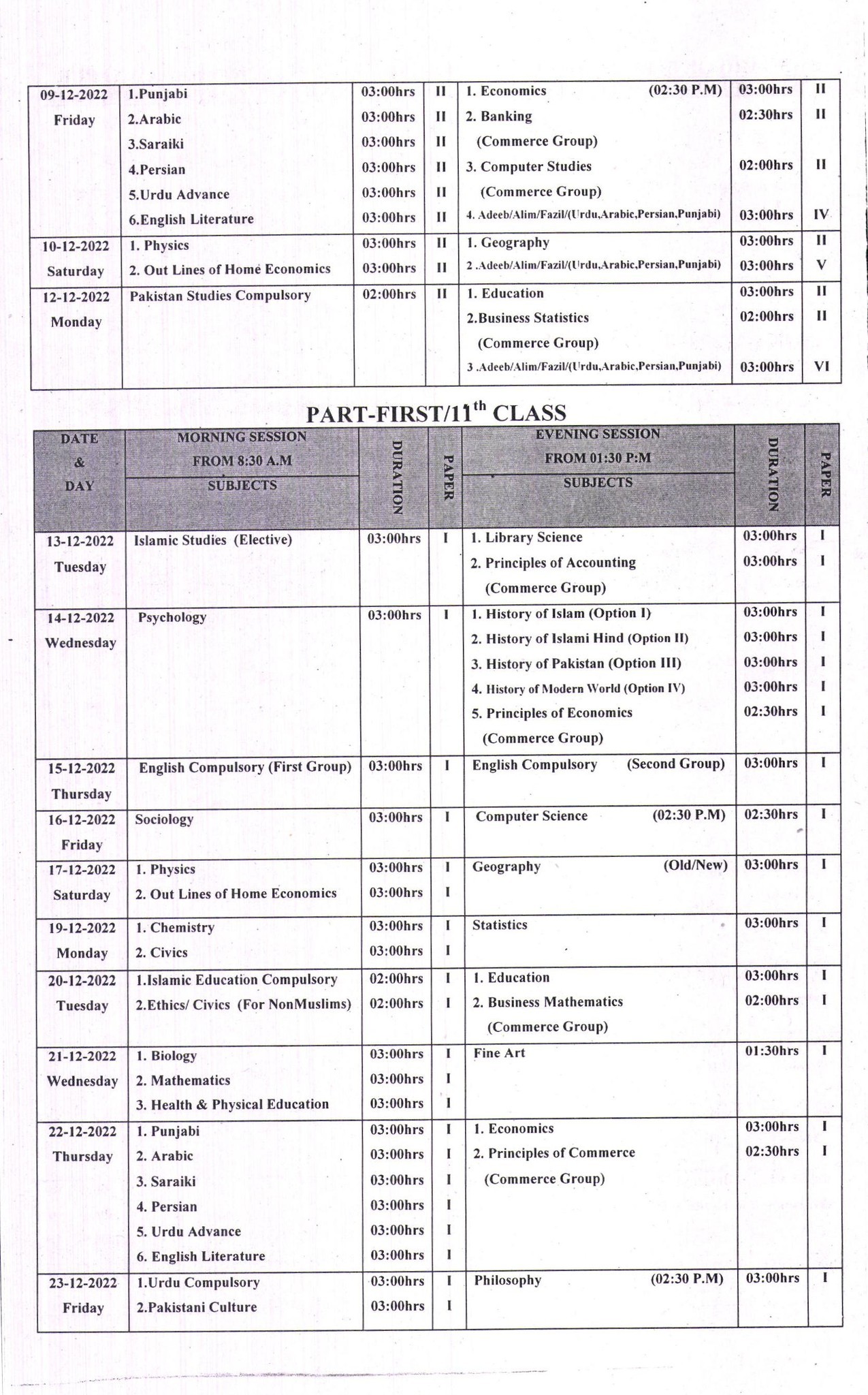 BISE Bahawalpur Intermediate Date sheet For 2nd Annual Exam 2022