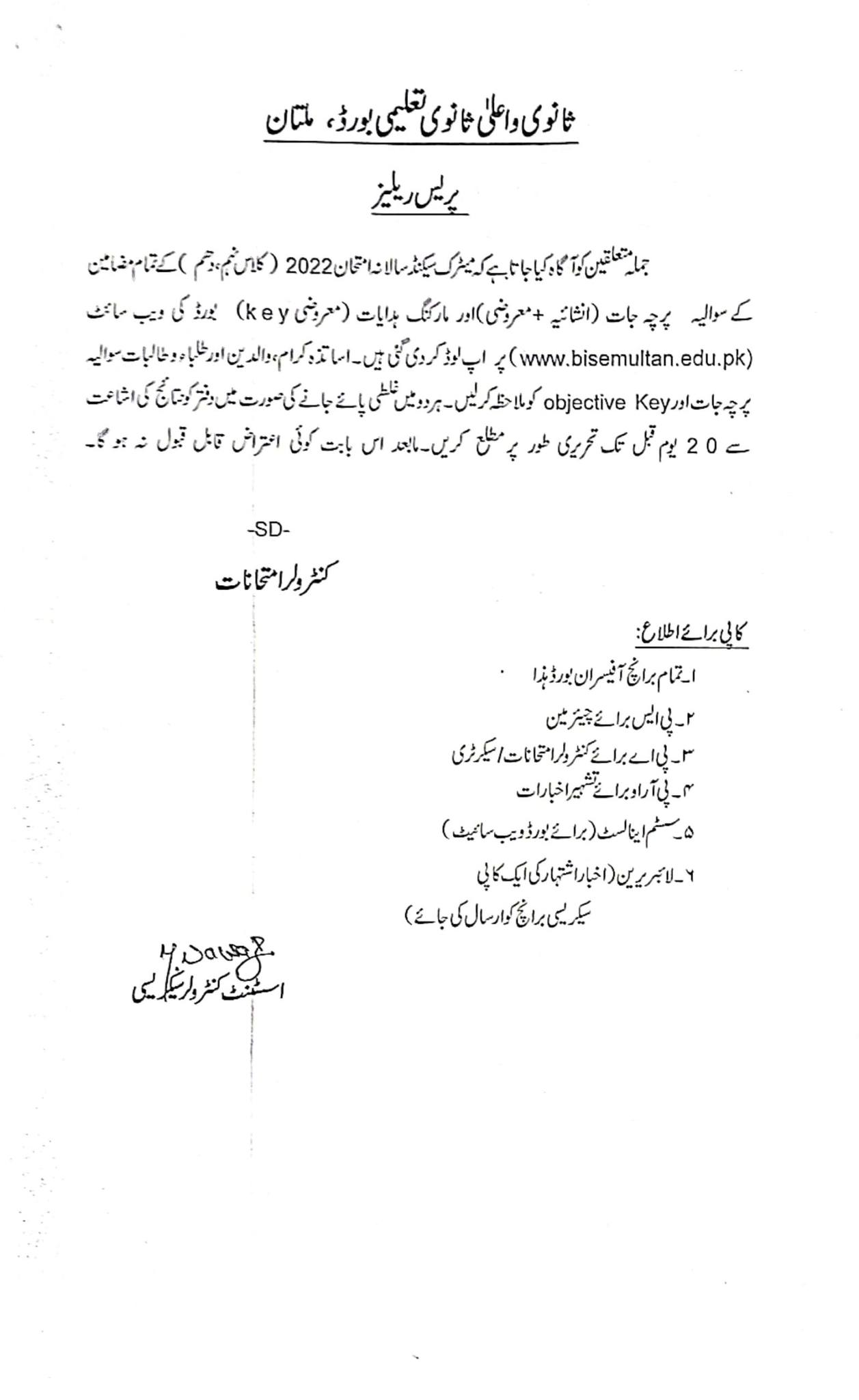 BISE Multan Question Papers Annual Exams 2022 (2nd Annual) (Objective Subjective)