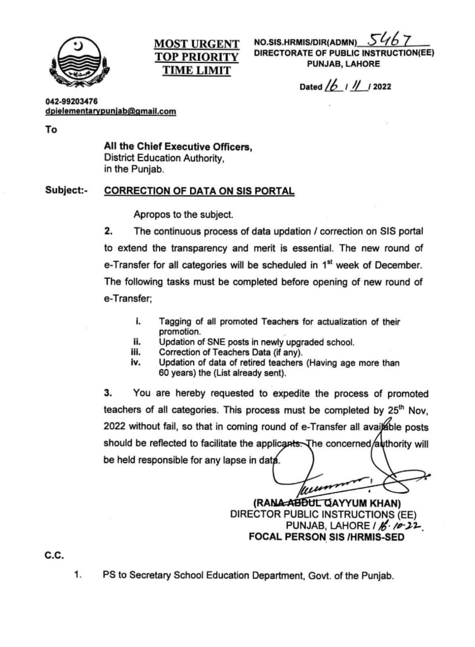 Correction of Data On SIS Portal Before E-Transfer