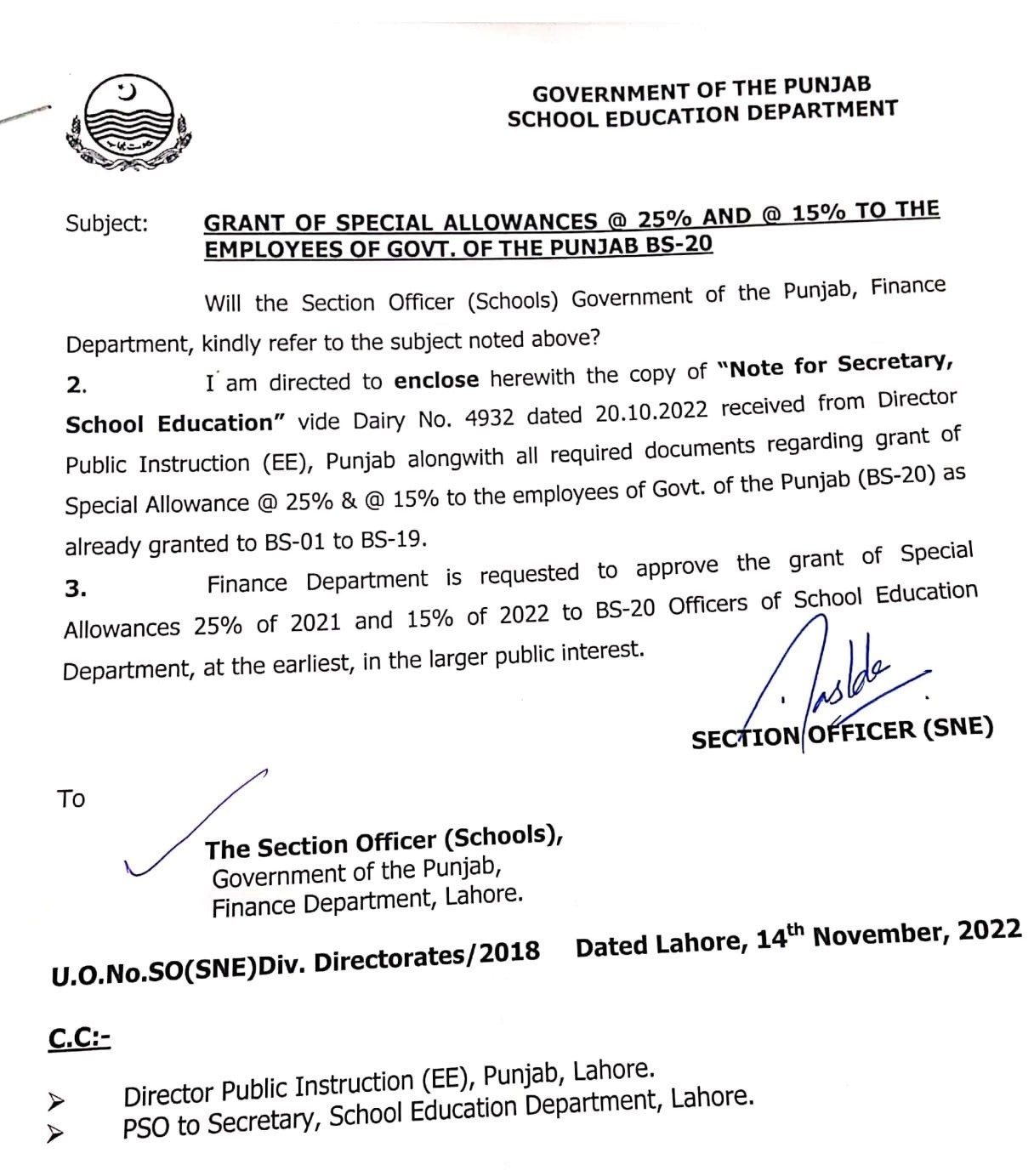 Grant of Special Allowance @ 25% and 15% to the Employees of Punjab BPS-20