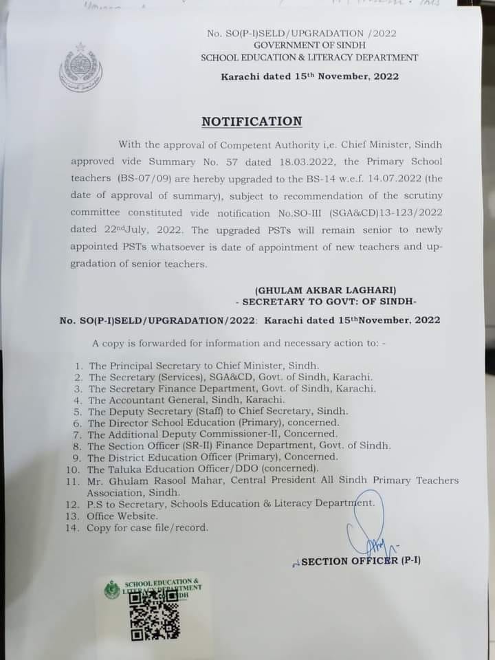 Notification Upgradation PSTs to BPS-14 wef 14-07-2022 (Sindh)