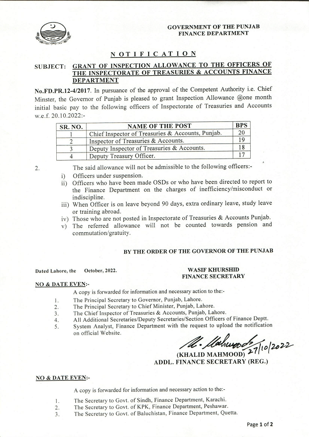 Notification of Inspection Allowance 2022 Finance Department Punjab