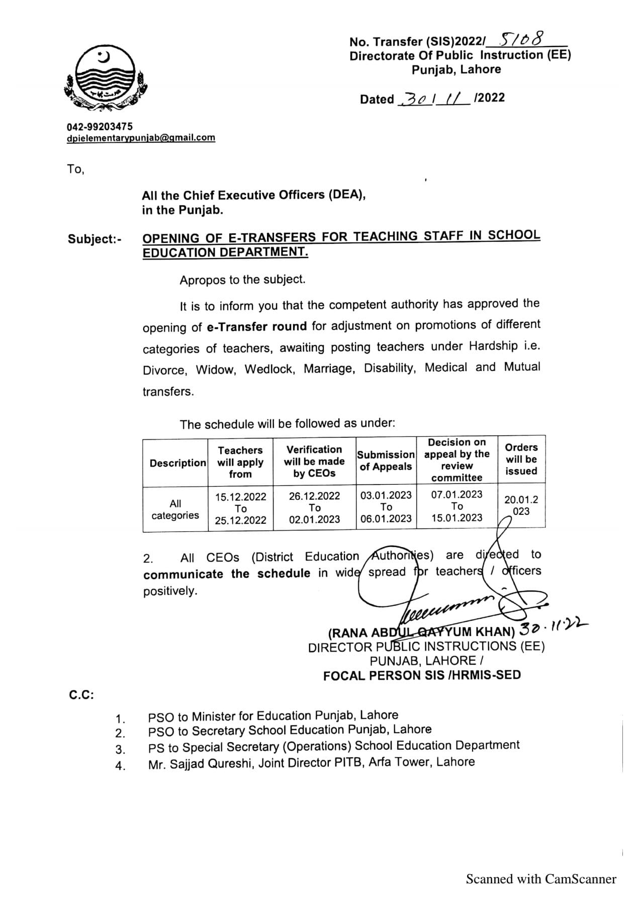 Opening e-Transfer for Teaching Staff in School Education Department Punjab