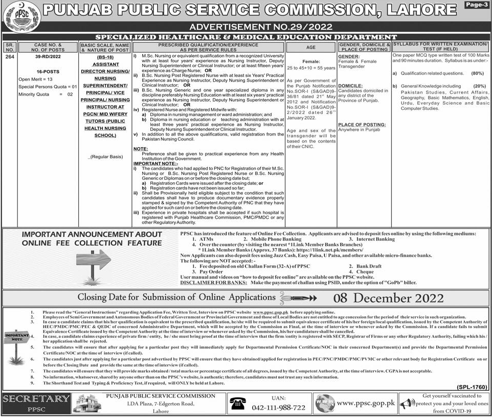 PPSC Vacancies Nov 2022