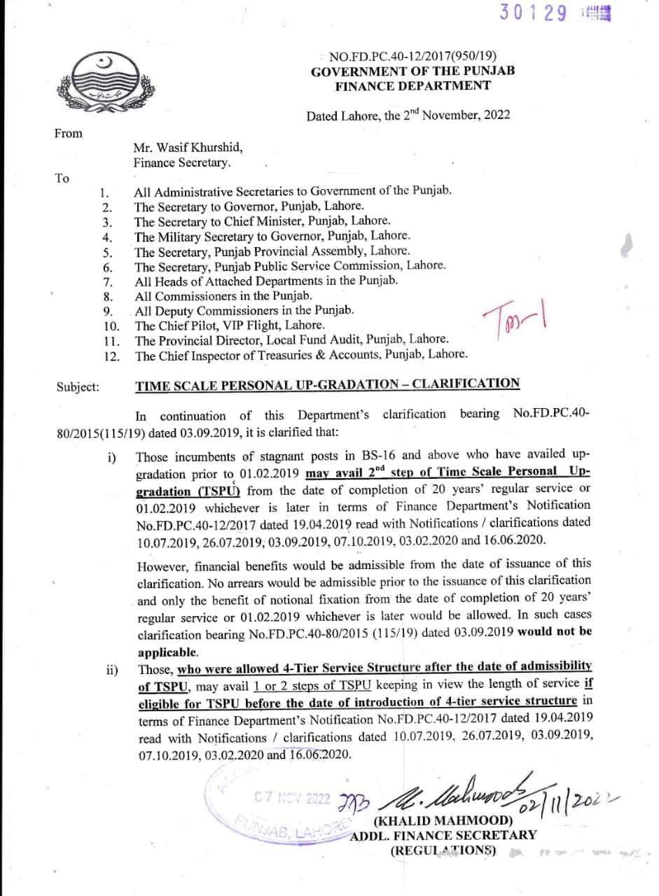 Time Scale Personal Up-Gradation Clarification Issued by Finance Department Punjab