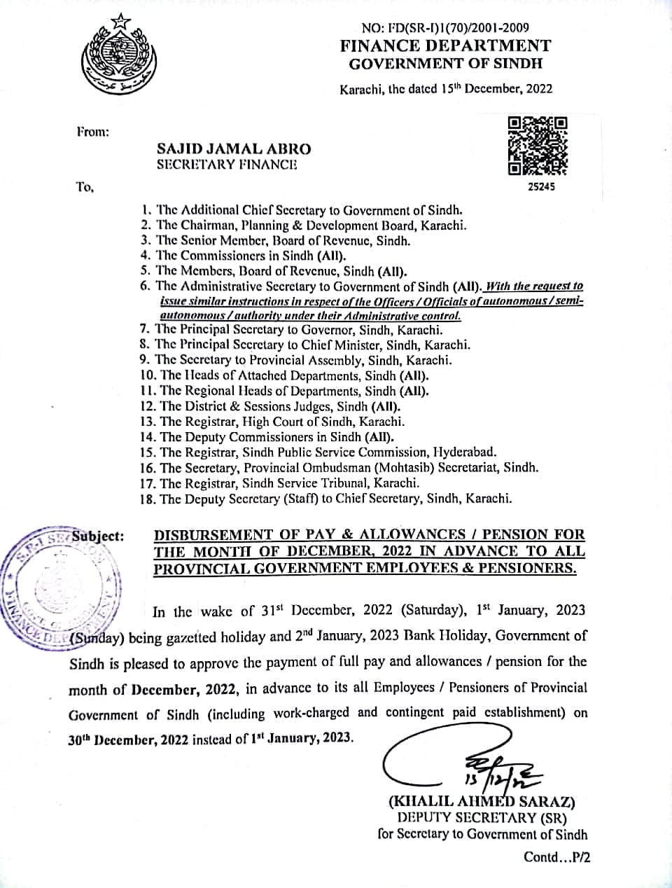 Advance Pay & Allowance/Pension Dec 2022 All Sindh Government Employees