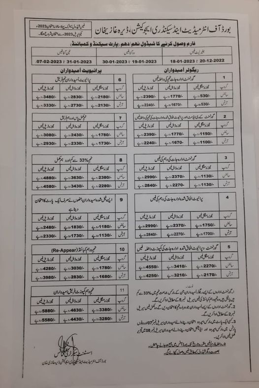 BISE DG Khan Admission Forms Schedule 9th 10th Exams 2023