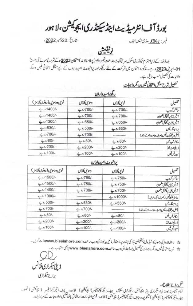 BISE Lahore Admission Fee Details SSC-I & II Annual Exams 2023