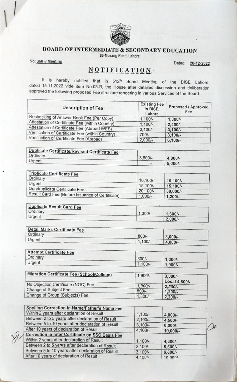 BISE Lahore Revised Fee Structure for various Services of Lahore Board