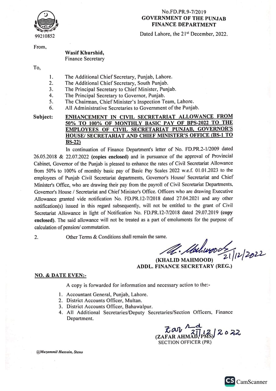 Enhancement Civil Secretariat Allowance from 50% to 100% of 2022 Pay Scales