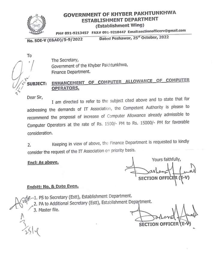Enhancement Computer Allowance Rs. 1500/- to Rs. 15000/- Per Month KPK