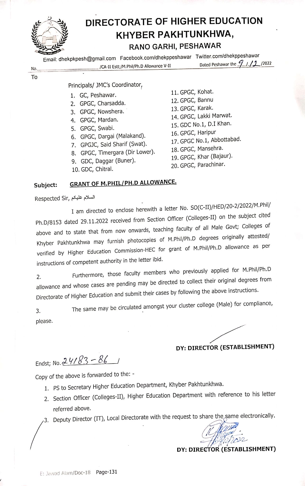 Grant of M.Phil Ph.D Allowance KPK