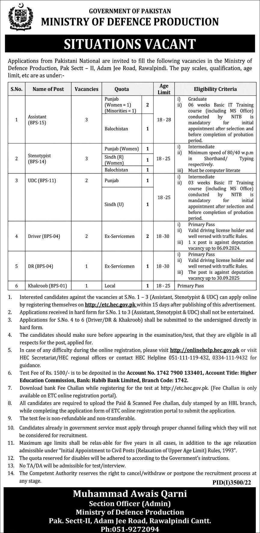 Latest Jobs In Ministry of Defence Production December 2022