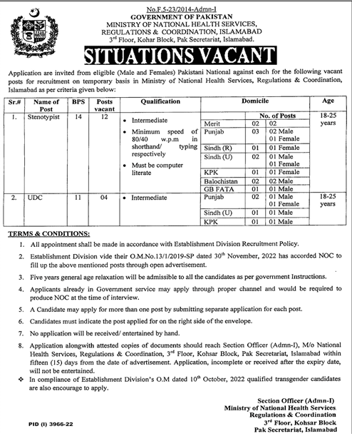 Ministry of National Health Services Jobs 2022-23