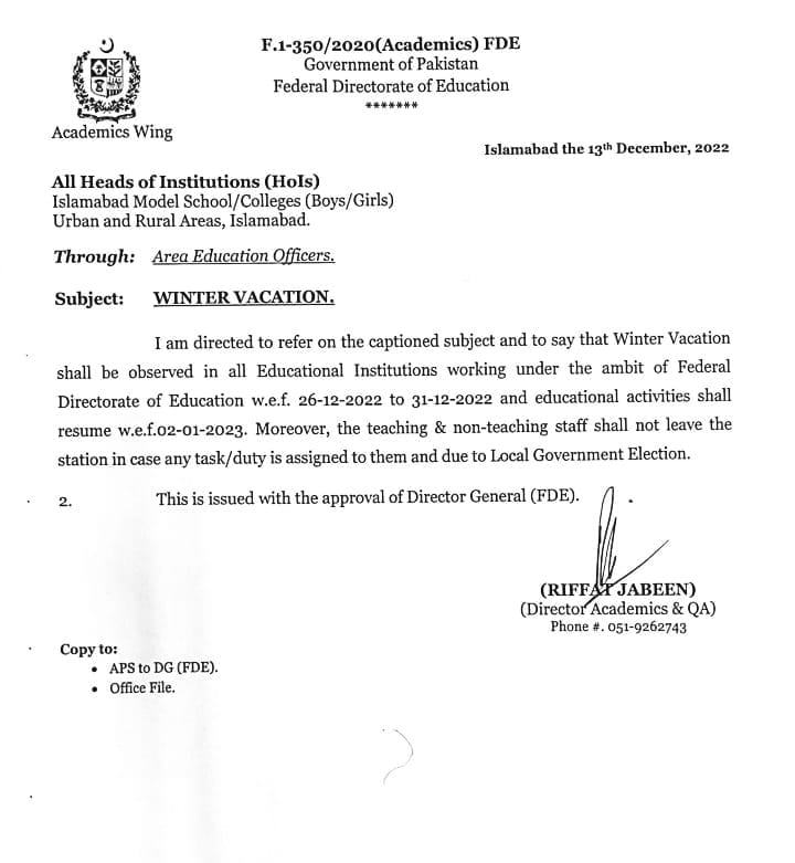 Notification Winter Vacation 2022 Federal Directorate of Education Islamabad (FDE)