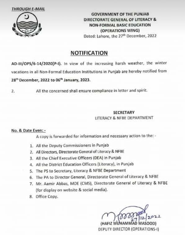 Notification Winter Vacation 28th Dec 2022 to 6th Jan 2023 in NFEIs Punjab