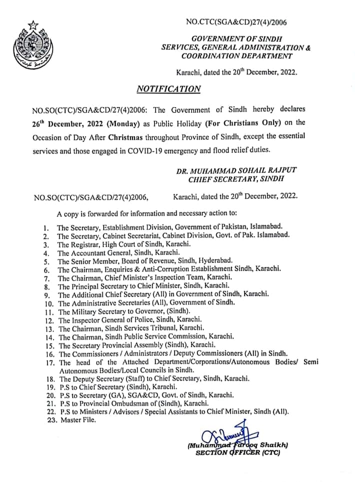 Notification of Holiday on 26th Dec 2022 in Sindh (For Christians Only)
